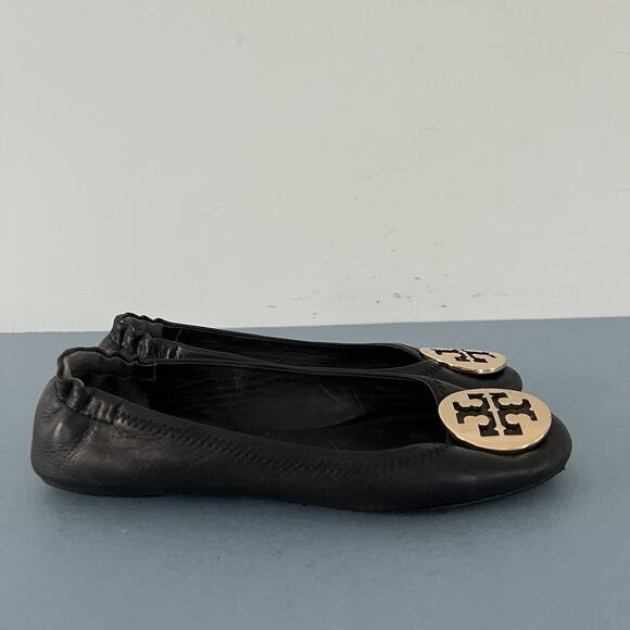 Tory Burch Minnie Black Leather Gold Logo Elastic Heel Ballet Flats - Picture 3 of 7
